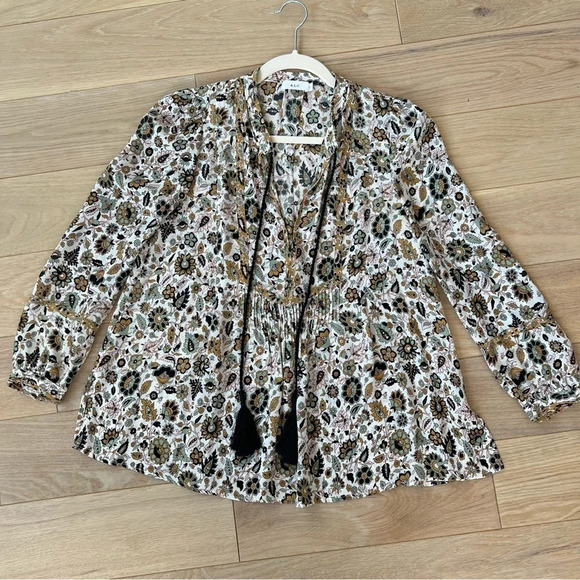 A.L.C. 100% Silk Botanical Floral Print Tassel Tie Blouse 0 Classic Boho Casual - Picture 1 of 4